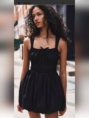 Sim & Sam black Mini dress, square neckline, Smocking & flared Silouette  Sz M